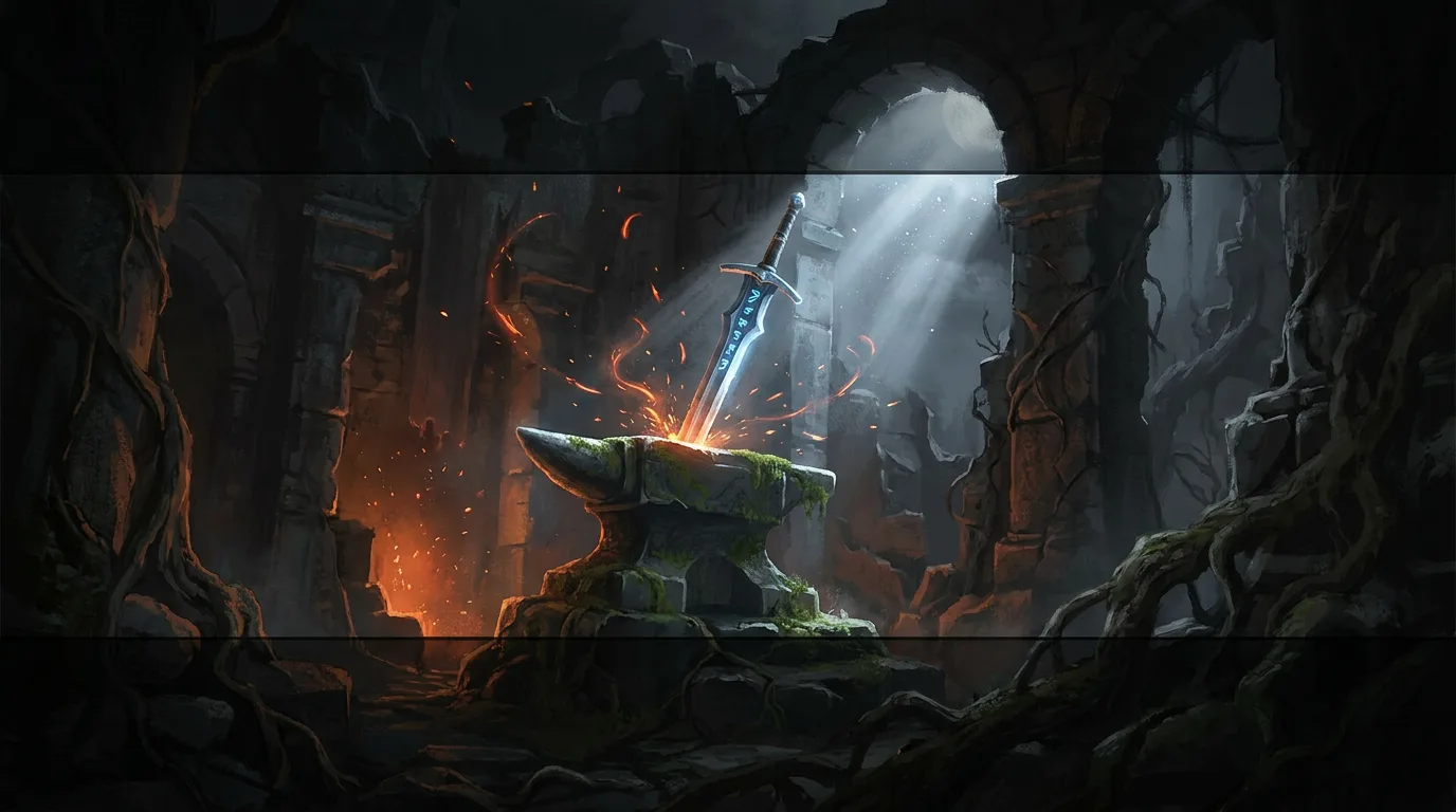 A rune-etched sword struck point-down into a mossy anvil inside a dark ruin, embers swirling as moonlight falls through a broken stone arch